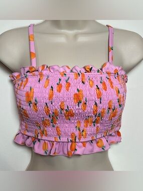 Floral Citrus Smocked Bandeau Strapless Summer Beach Swim Bikini Top